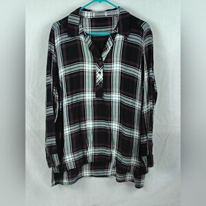 Black Plaid Button-Neck Blouse with Red Accents